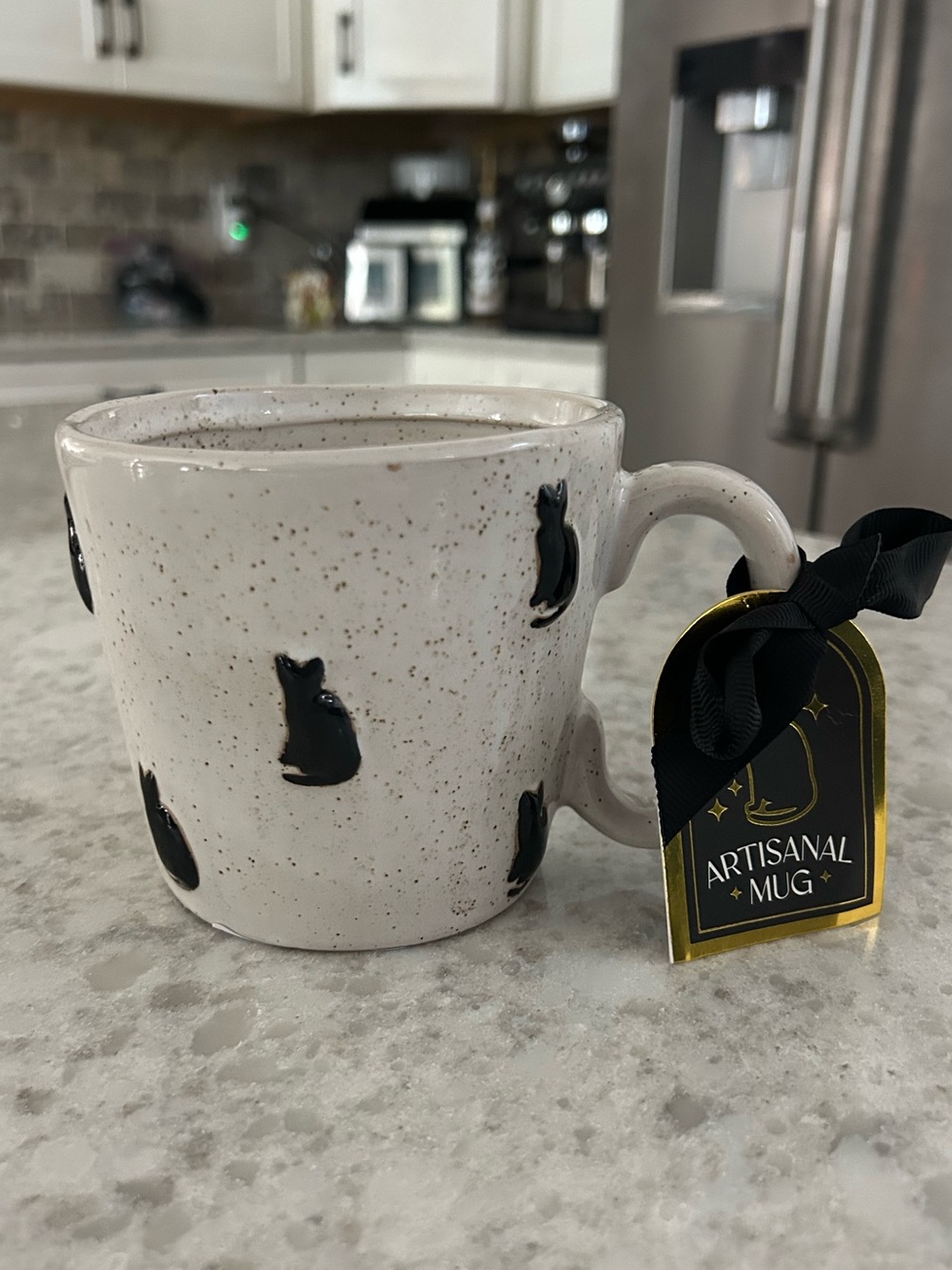 “New” Artisan Cream Speckled Ceramic Mug with Black Cats Motif